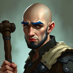 A 25-year-old human druid with a weak yet humorous character, featuring a bald shaven head and striking blue eyebrows