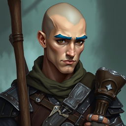 A 25-year-old human druid with a weak yet humorous character, featuring a bald shaven head and striking blue eyebrows