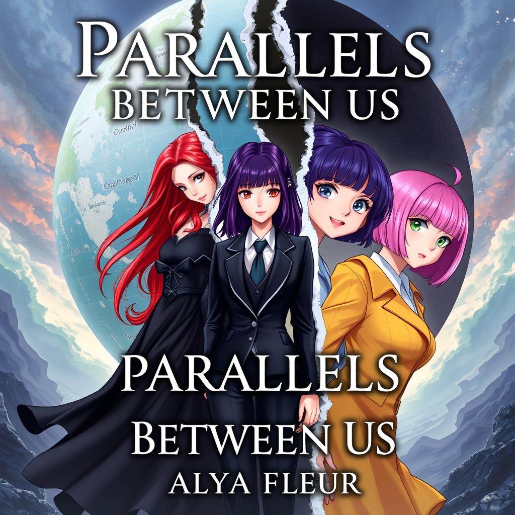 A fantasy book cover for 'Parallels Between Us' by 'Alya Fleur', visually pleasing and aesthetic, featuring three main heroines