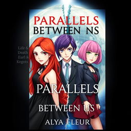 A fantasy book cover for 'Parallels Between Us' by 'Alya Fleur', visually pleasing and aesthetic, featuring three main heroines