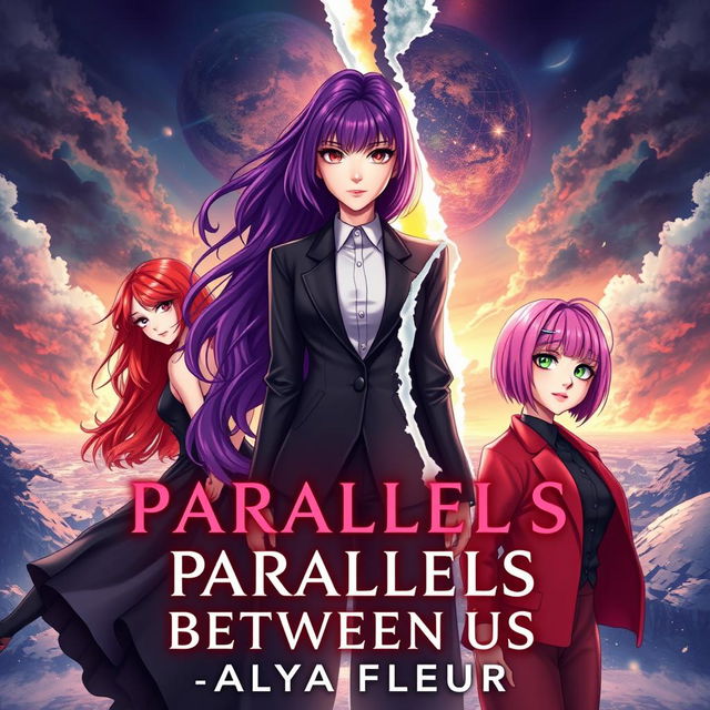 A fantasy book cover for 'Parallels Between Us' by 'Alya Fleur', visually pleasing and aesthetic, featuring three main heroines