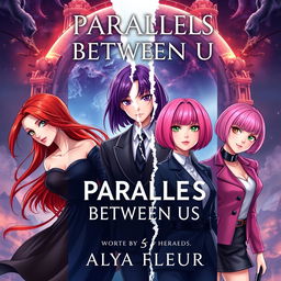 A fantasy book cover for 'Parallels Between Us' by 'Alya Fleur', visually pleasing and aesthetic, featuring three main heroines