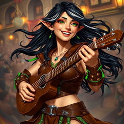 A vibrant full-body portrait of a young half-elf bard with flowing black hair streaked with white and bright green eyes, radiating joy with a bright smile