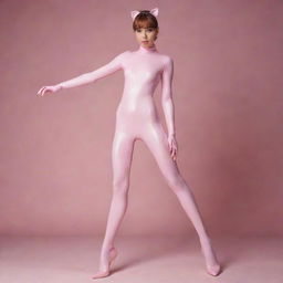 Fashion-forward girl dressed in a pinkish-white latex catsuit and matching long socks, gracefully showcasing her lovely feet.