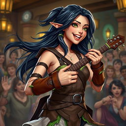 A vibrant full-body portrait of a young half-elf bard with flowing black hair streaked with white and bright green eyes, radiating joy with a bright smile