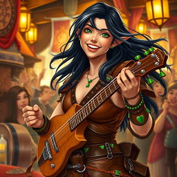 A vibrant full-body portrait of a young half-elf bard with flowing black hair streaked with white and bright green eyes, radiating joy with a bright smile