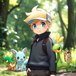 A young blonde boy with classic hairstyle and striking blue eyes, dressed as a Pokémon trainer