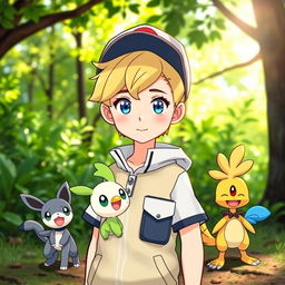 A young blonde boy with classic hairstyle and striking blue eyes, dressed as a Pokémon trainer