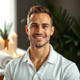 A photorealistic portrait of a male massage therapist, showcasing his expertise and professionalism