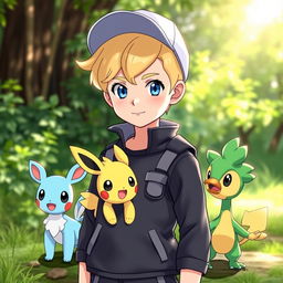 A young blonde boy with classic hairstyle and striking blue eyes, dressed as a Pokémon trainer