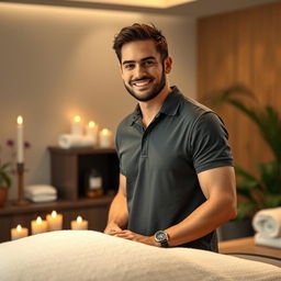 A photorealistic portrait of a male massage therapist, showcasing his expertise and professionalism