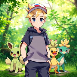 A young blonde boy with classic hairstyle and striking blue eyes, dressed as a Pokémon trainer