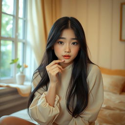 A shy young woman with long black hair, wearing a soft pastel blouse that accentuates her curves, sitting in a cozy, softly-lit room