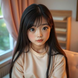 A shy young woman with long black hair, wearing a soft pastel blouse that accentuates her curves, sitting in a cozy, softly-lit room