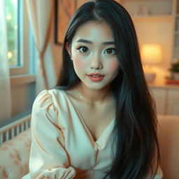 A shy young woman with long black hair, wearing a soft pastel blouse that accentuates her curves, sitting in a cozy, softly-lit room