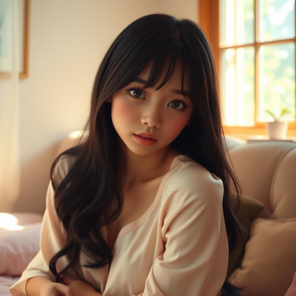 A shy young woman with long black hair, wearing a soft pastel blouse that accentuates her curves, sitting in a cozy, softly-lit room