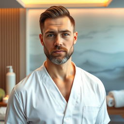 A photorealistic full-height portrait of a male massage therapist with Slavic appearance