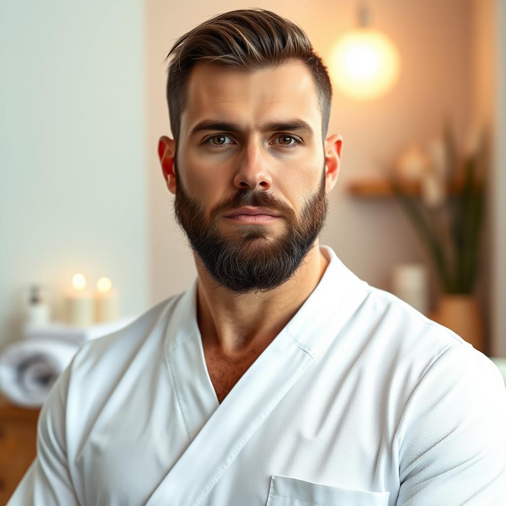 A photorealistic full-height portrait of a male massage therapist with Slavic appearance