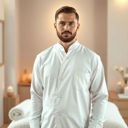 A photorealistic full-height portrait of a male massage therapist with Slavic appearance