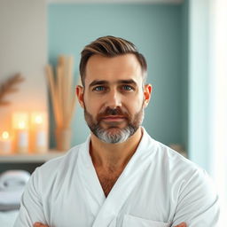 A photorealistic full-height portrait of a male massage therapist with Slavic appearance