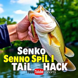 A visually appealing thumbnail in 1920x1080 resolution featuring a close-up shot of a large bass being held confidently by a fisherman, with the Bait Worm clearly visible in the fish's mouth