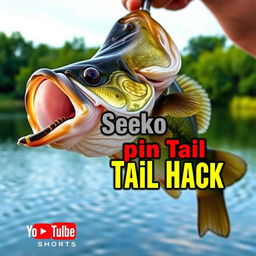 A visually appealing thumbnail in 1920x1080 resolution featuring a close-up shot of a large bass being held confidently by a fisherman, with the Bait Worm clearly visible in the fish's mouth