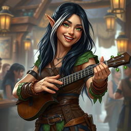 A captivating full-body image of a young but mature-looking half-elf bard with long black hair streaked with white, vibrant green eyes, and a radiant smile