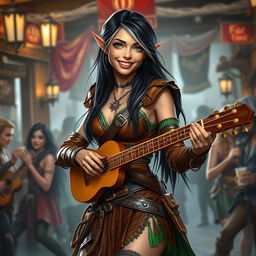 A captivating full-body image of a young but mature-looking half-elf bard with long black hair streaked with white, vibrant green eyes, and a radiant smile