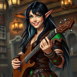 A captivating full-body image of a young but mature-looking half-elf bard with long black hair streaked with white, vibrant green eyes, and a radiant smile