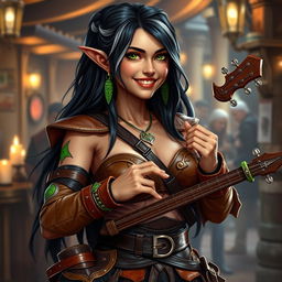 A captivating full-body image of a young but mature-looking half-elf bard with long black hair streaked with white, vibrant green eyes, and a radiant smile