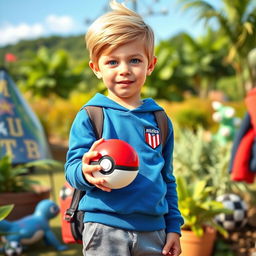 A young blonde boy with classic hairstyle and striking blue eyes, dressed as a Pokémon trainer