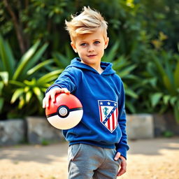 A young blonde boy with classic hairstyle and striking blue eyes, dressed as a Pokémon trainer