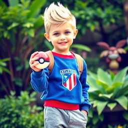 A young blonde boy with classic hairstyle and striking blue eyes, dressed as a Pokémon trainer