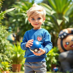 A young blonde boy with classic hairstyle and striking blue eyes, dressed as a Pokémon trainer