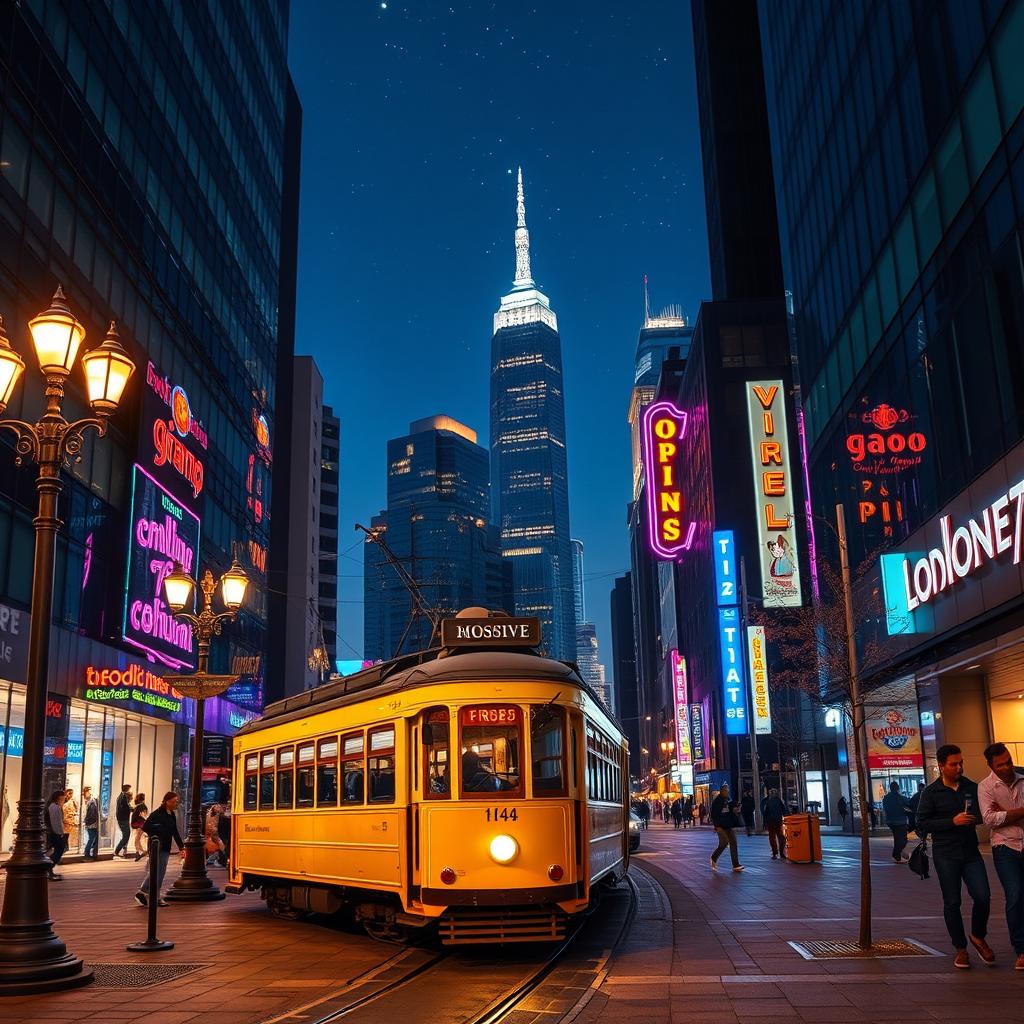 A scenic nighttime view of a city featuring a vintage tram riding through illuminated streets