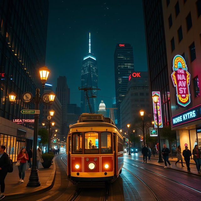 A scenic nighttime view of a city featuring a vintage tram riding through illuminated streets