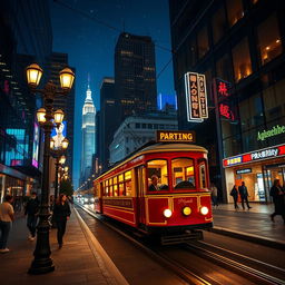 A scenic nighttime view of a city featuring a vintage tram riding through illuminated streets