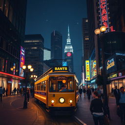 A scenic nighttime view of a city featuring a vintage tram riding through illuminated streets