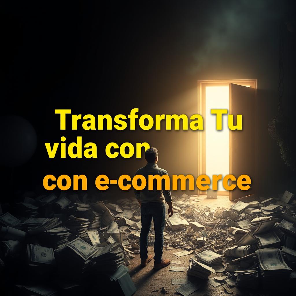 A person standing in a dark, stressful environment filled with symbols of debt like piles of bills and paperwork, looking toward a bright light or open door that symbolizes opportunity and freedom