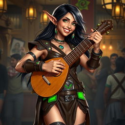 A dynamic full-body image of a young but mature-looking half-elf bard with long black hair streaked with white and bright green eyes, showcasing a radiant smile