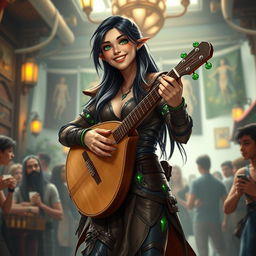 A dynamic full-body image of a young but mature-looking half-elf bard with long black hair streaked with white and bright green eyes, showcasing a radiant smile