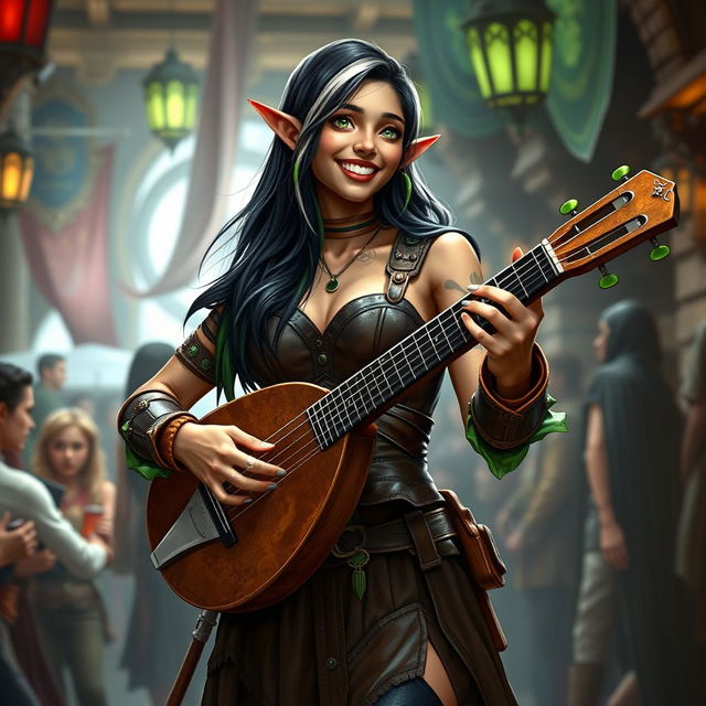 A dynamic full-body image of a young but mature-looking half-elf bard with long black hair streaked with white and bright green eyes, showcasing a radiant smile