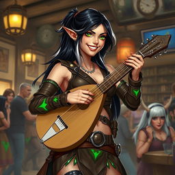 A dynamic full-body image of a young but mature-looking half-elf bard with long black hair streaked with white and bright green eyes, showcasing a radiant smile