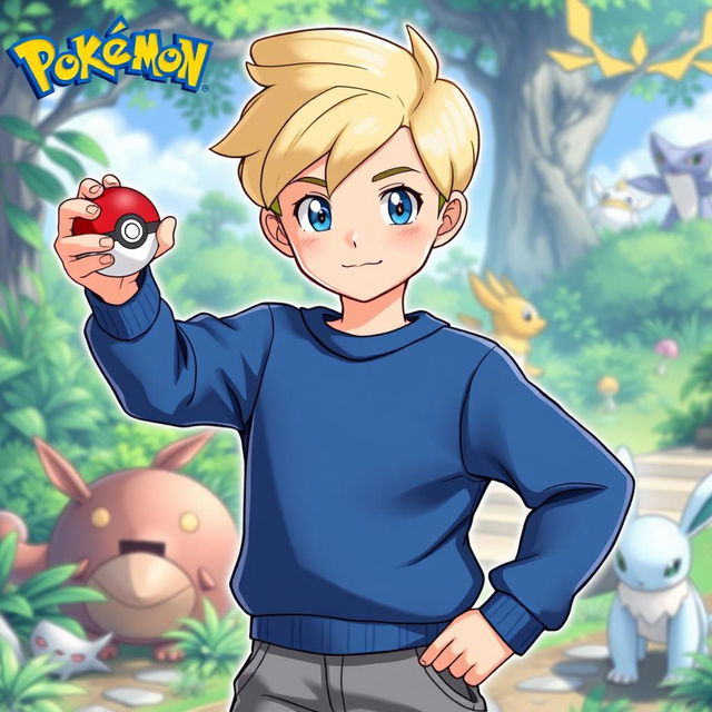 A young blonde boy with classic hairstyle and bright blue eyes, dressed as a Pokémon trainer