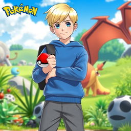 A young blonde boy with classic hairstyle and bright blue eyes, dressed as a Pokémon trainer