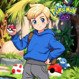 A young blonde boy with classic hairstyle and bright blue eyes, dressed as a Pokémon trainer