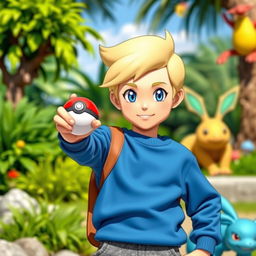 A young blonde boy with classic hairstyle and bright blue eyes, dressed as a Pokémon trainer