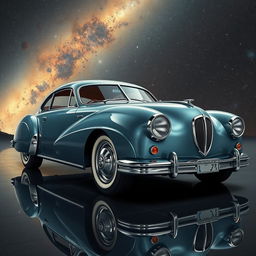 A vintage sedan designed in a space age style characterized by a slick body, featuring chrome accents and aerodynamic curves reminiscent of the 1950s Talbot Lago