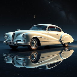 A vintage sedan designed in a space age style characterized by a slick body, featuring chrome accents and aerodynamic curves reminiscent of the 1950s Talbot Lago