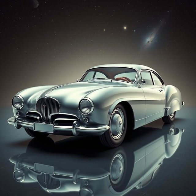 A vintage sedan designed in a space age style characterized by a slick body, featuring chrome accents and aerodynamic curves reminiscent of the 1950s Talbot Lago